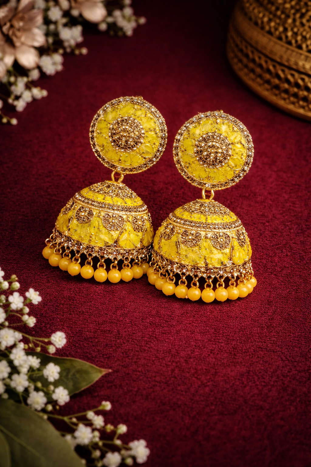Yellow Kundan Bloom Jhumkas